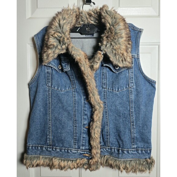 Cruel Girl Jackets & Blazers - Cruel Girl Vest Womens Medium Blue Denim Faux Fur Collar Trim Button Front